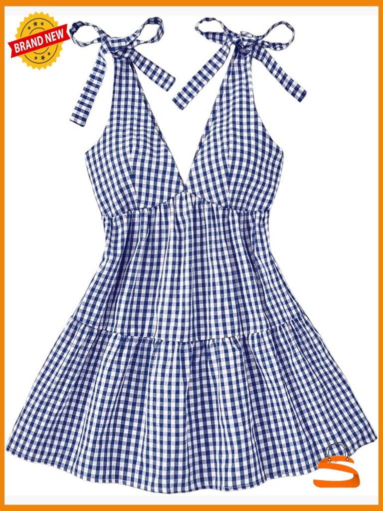 Plaid Tie Shoulder Mini Dress Ruffle Hem Deep V Neck Sleeveless